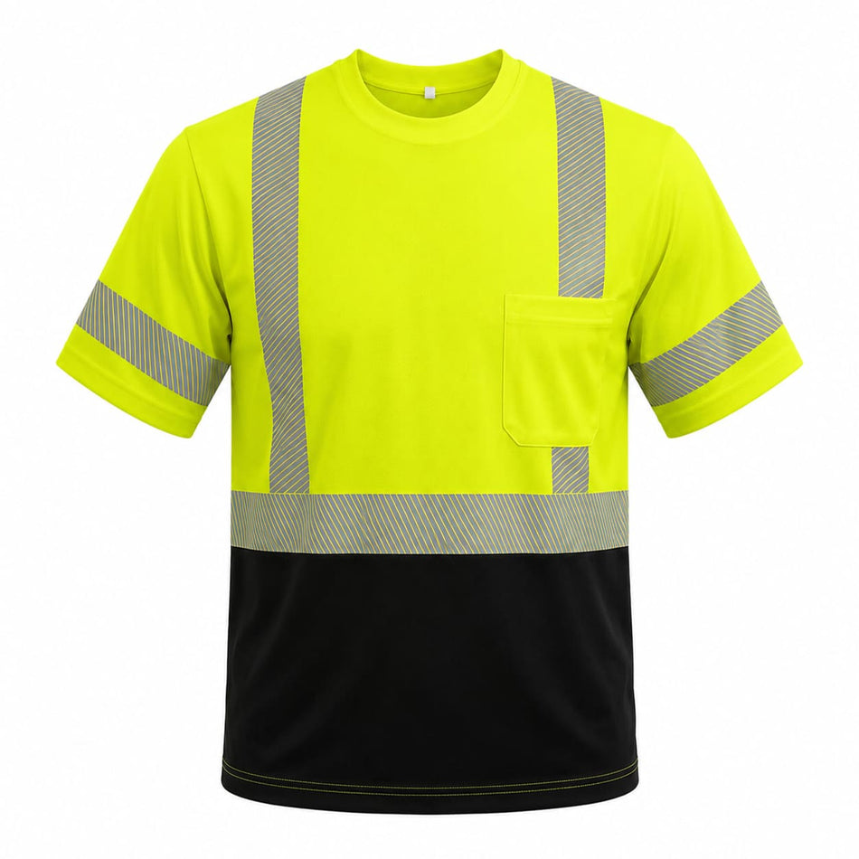 SMASYS Hi Viz Safety T-Shirt with Silver Diagonal Reflective Stripes & Black Bottom