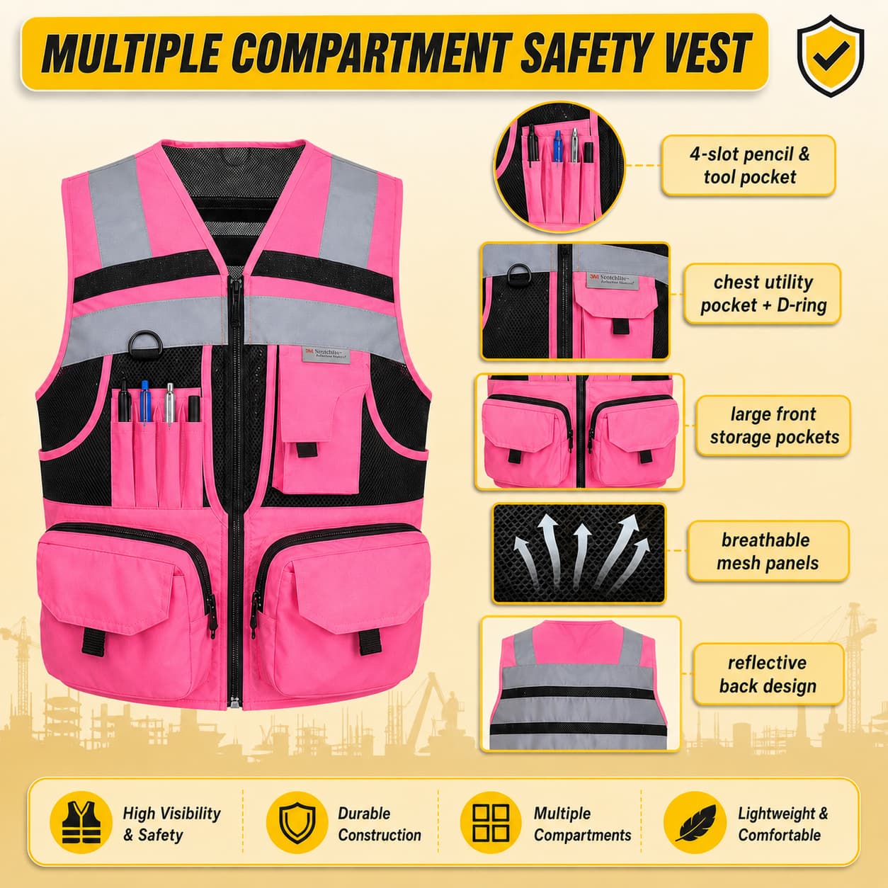 SMASYS Premium 10-Pocket High Visibility Heavy-duty Safety Vest