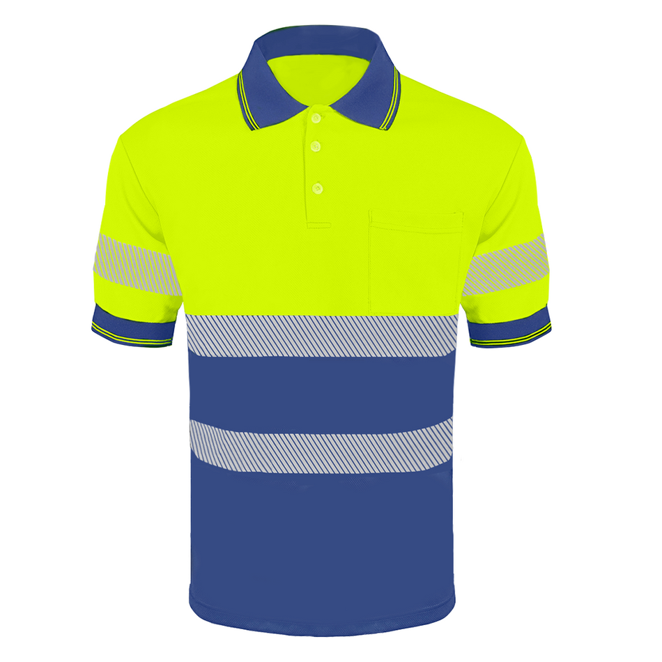 SMASYS Heat Transfer Hi Vis Yellow Blue Short Sleeve Reflective Polo Shirt