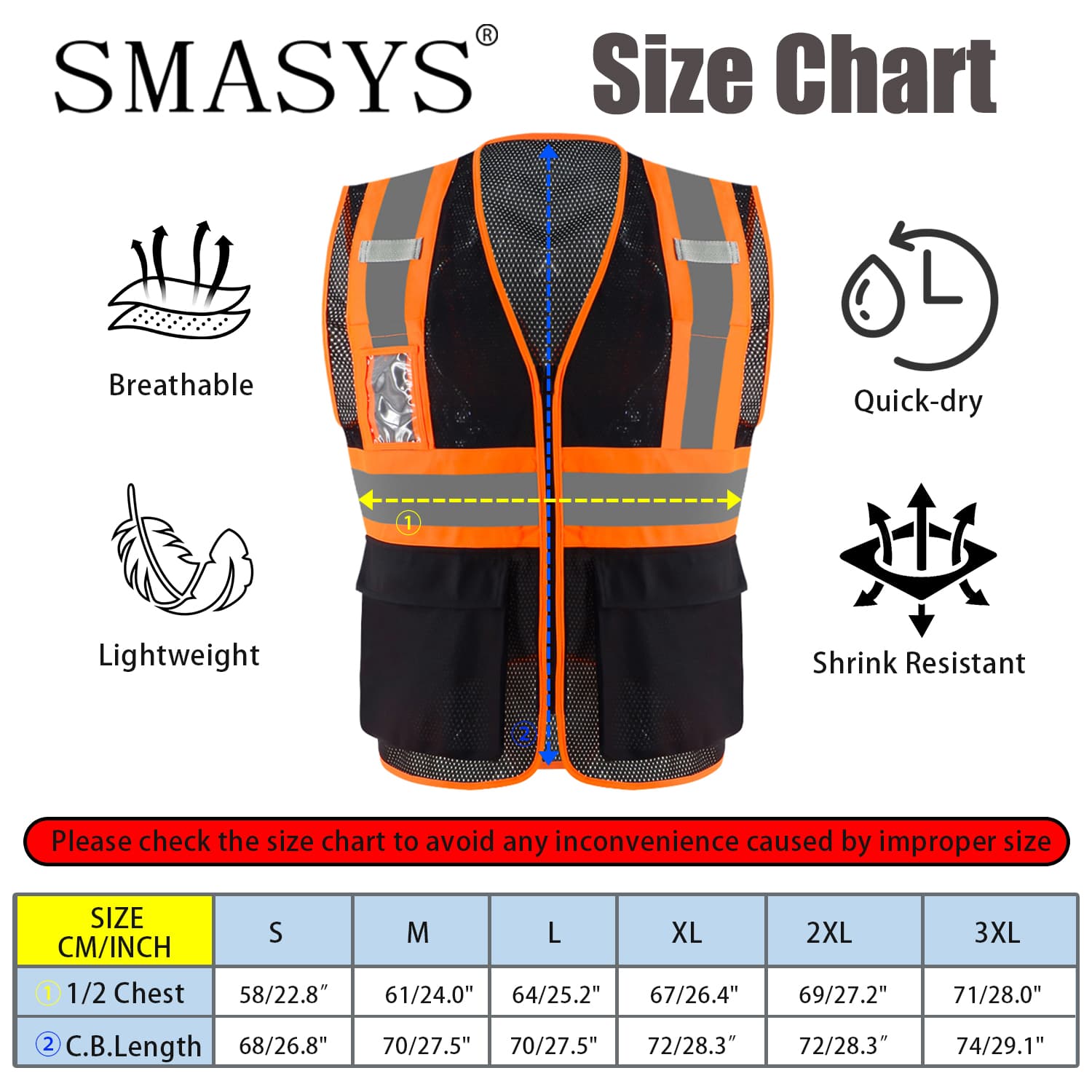 SMASYS High Visibility Reflective Safety Vest with 5 Pockets and