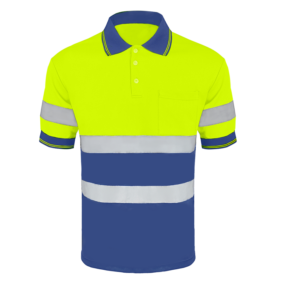 SMASYS Hi Vis Short Sleeve Reflective Polo Shirt, Yellow and Navy