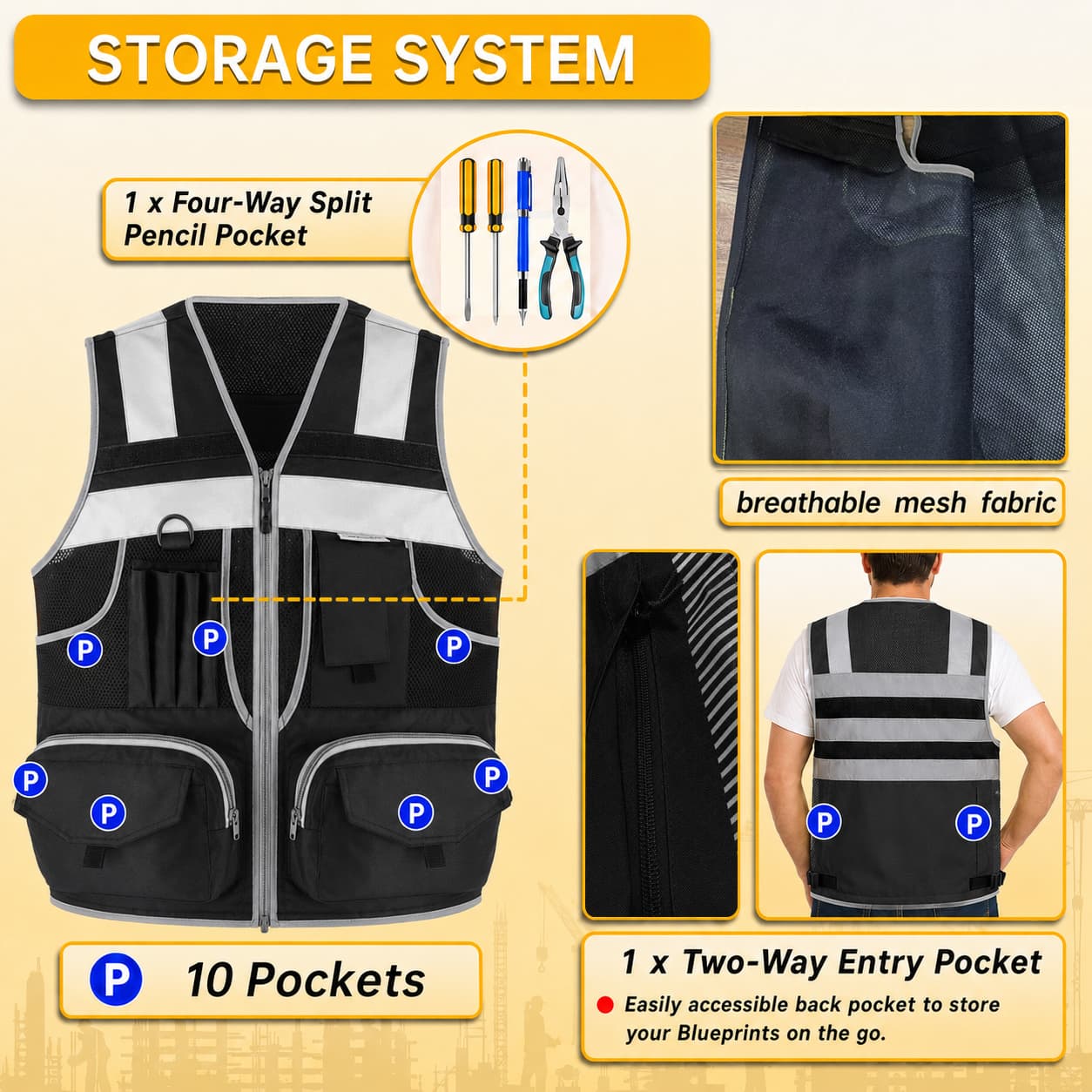 SMASYS Premium 10-Pocket High Visibility Heavy-duty Safety Vest