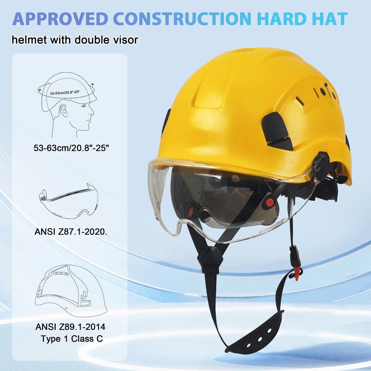 ansi approved bike helmets SMASYS Safety Hard Hat with Visor, Adjustable Construction Helmet, Hard Hat Safety Helmet with Chin Strap and 2 Sweatbands Blue / One Visor (Clear)