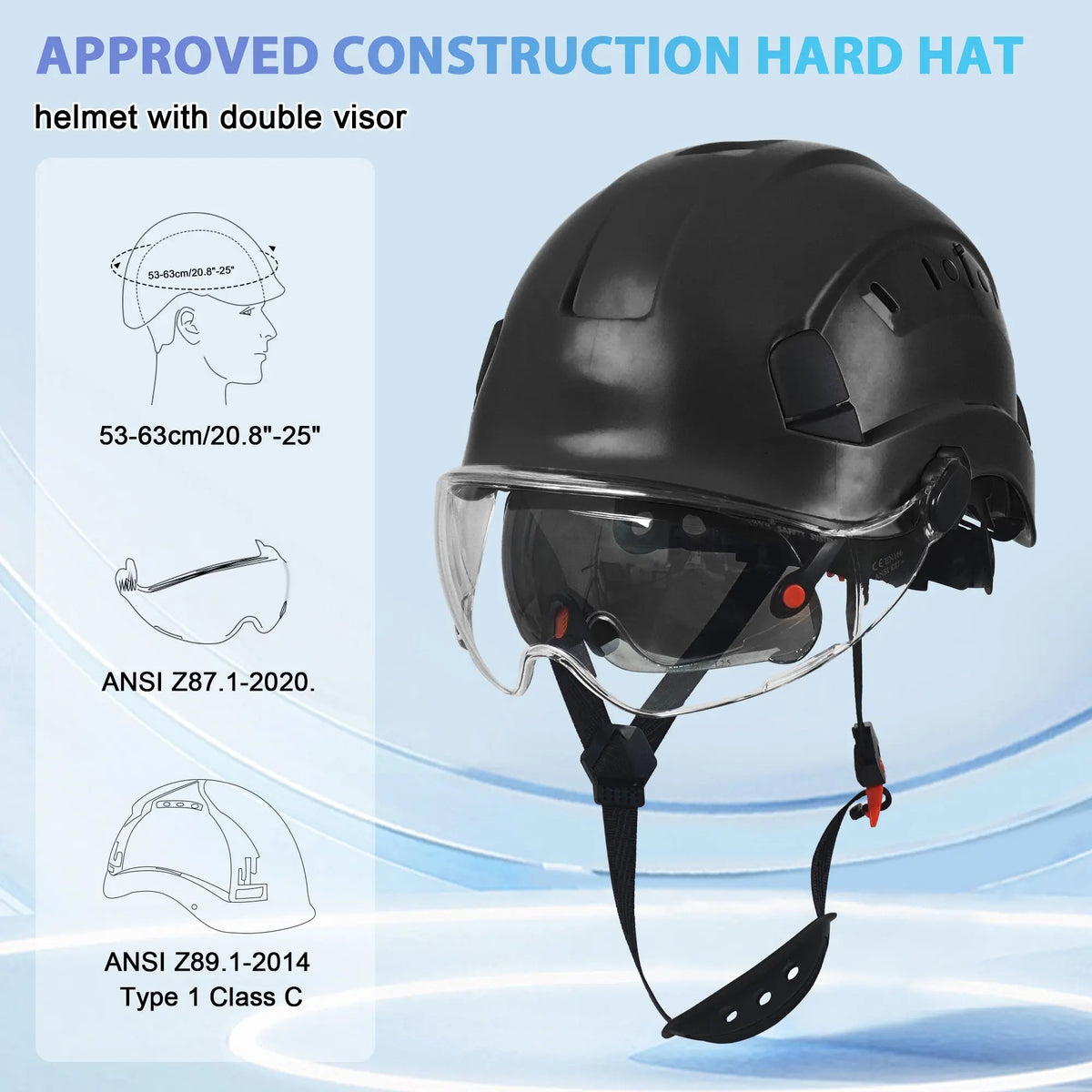 class a motorcycle helmet SMASYS Safety Hard Hat with Visor, Adjustable Construction Helmet, Hard Hat Safety Helmet with Chin Strap and 2 Sweatbands Blue / One Visor (Clear)