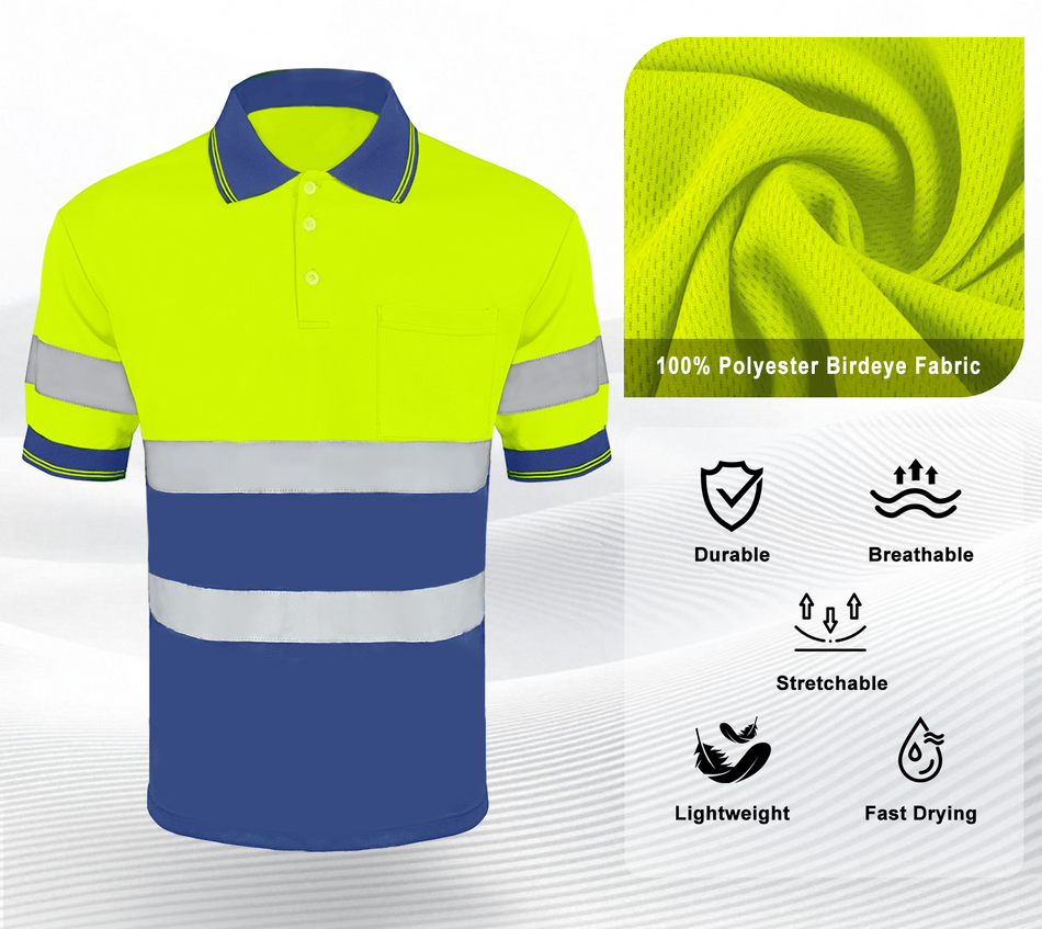 SMASYS Quick Dry Construction Hi Vis Yellow Blue Short Sleeve Safety Polo Shirt