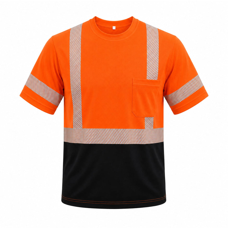SMASYS Hi Viz Safety T-Shirt with Silver Diagonal Reflective Stripes & Black Bottom