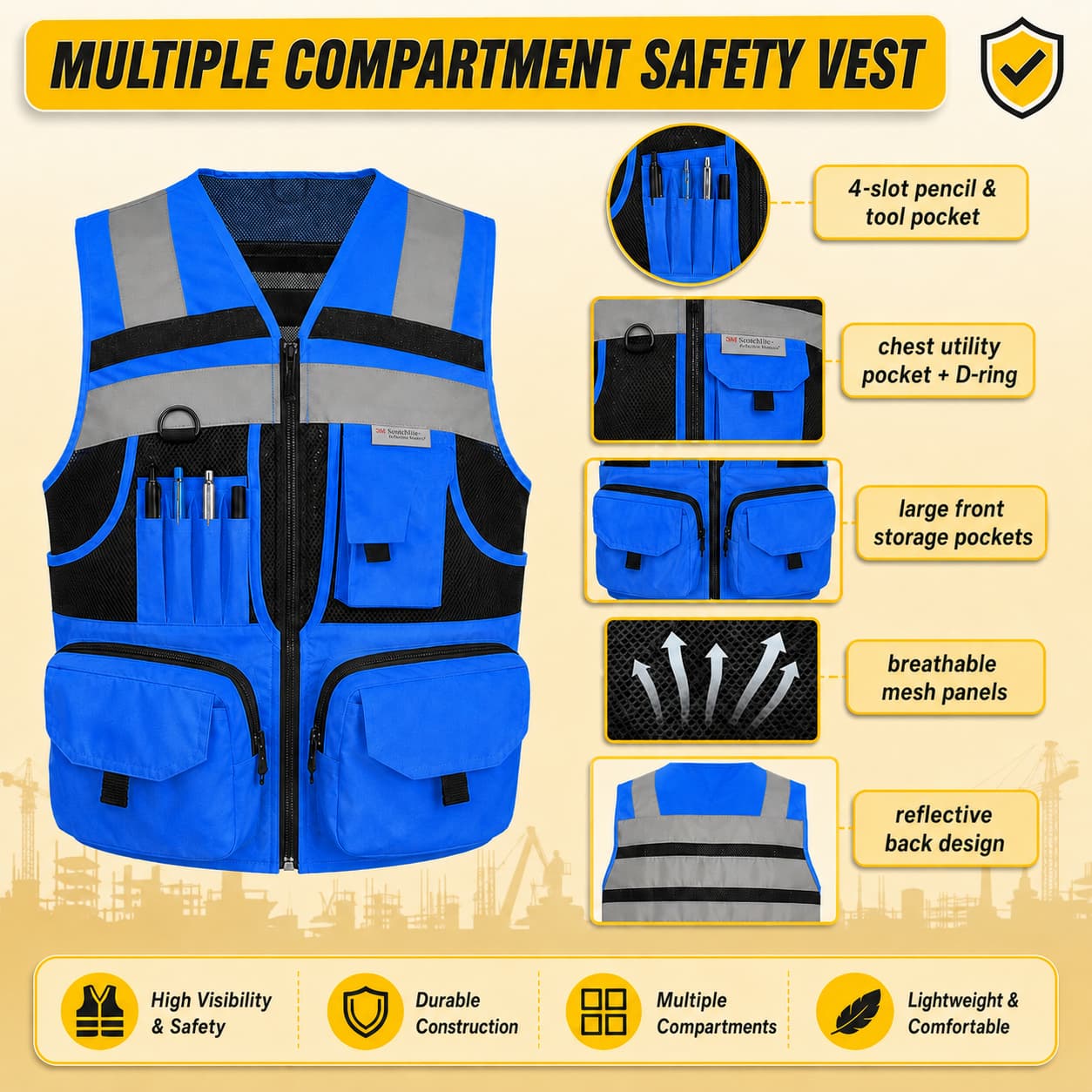 SMASYS Premium 10-Pocket High Visibility Heavy-duty Safety Vest