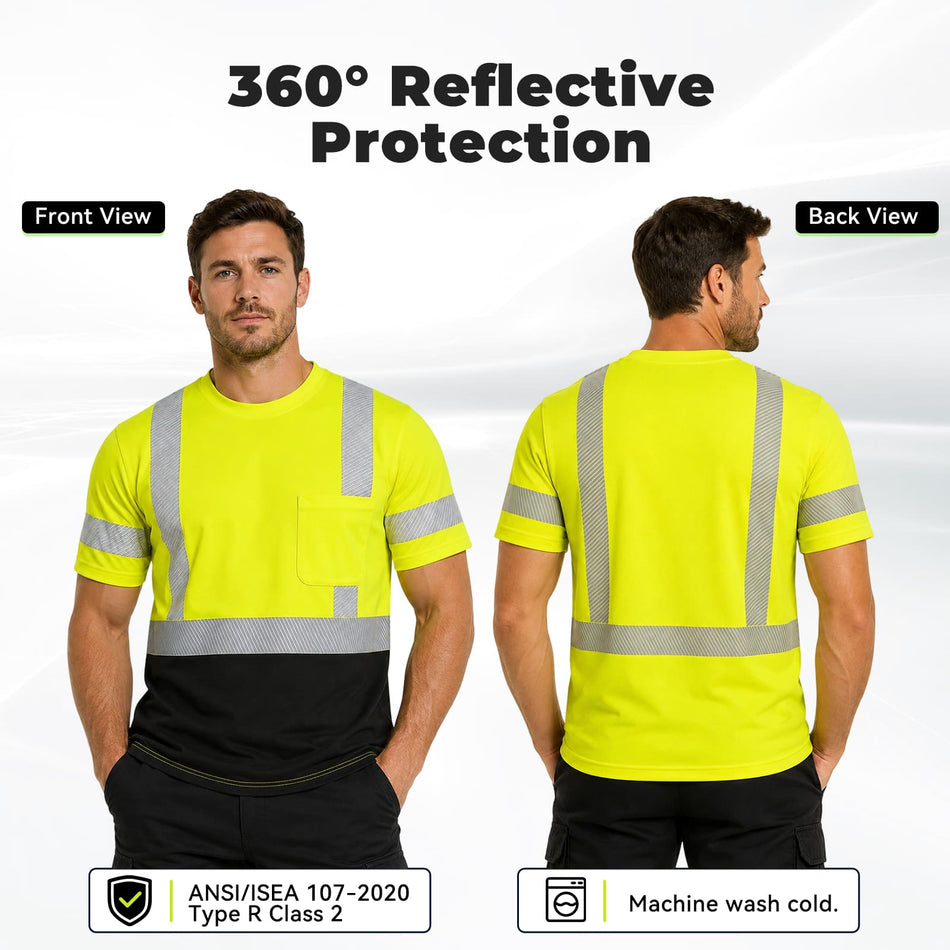 SMASYS Hi Viz Safety T-Shirt with Silver Diagonal Reflective Stripes & Black Bottom