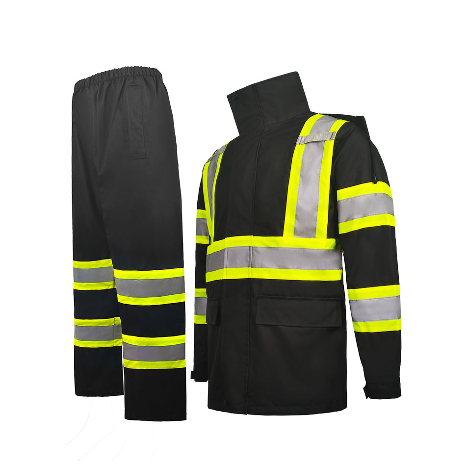 SMASYS Outdoor Black Safety Raincoat Set with High Visibility Reflective Tape