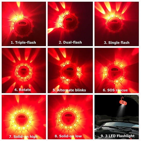 Collage of a red LED light showing various flash modes on a dark background.