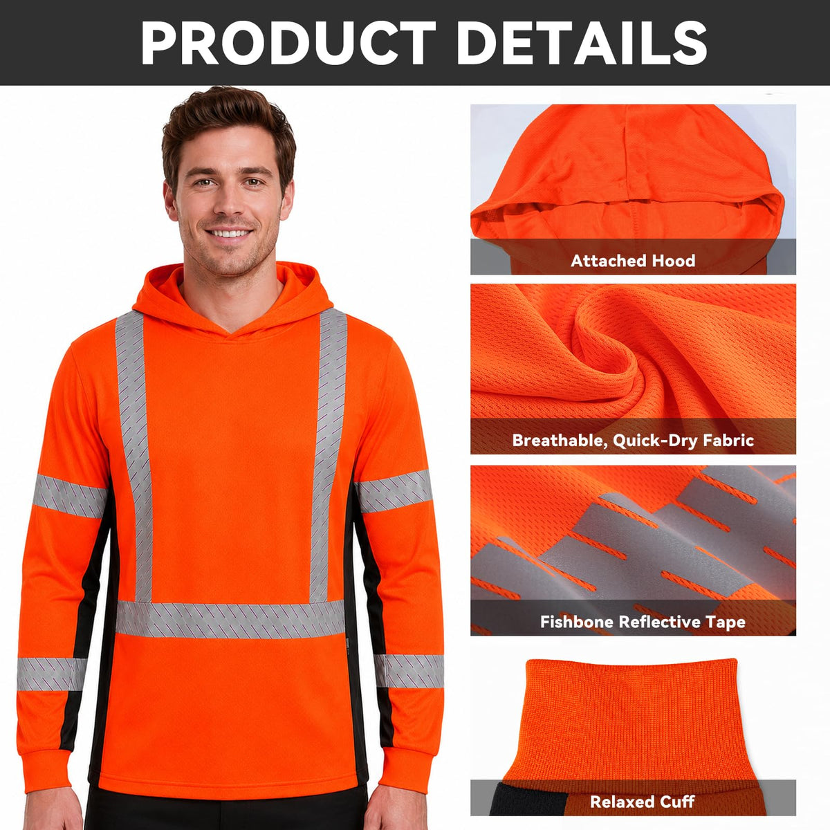SMASYS Long-sleeve Safety Hoodie with Silver Slanted Carving Reflective Tape SMASYS Store