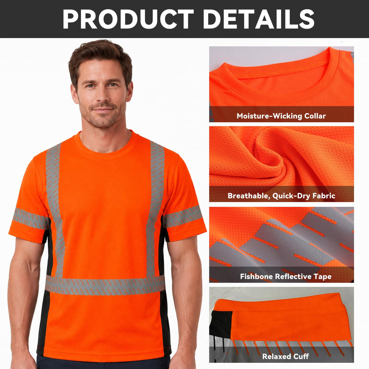 SMASYS Short-sleeve Safety T-Shirt with Silver Slanted Carving Reflective Tape
