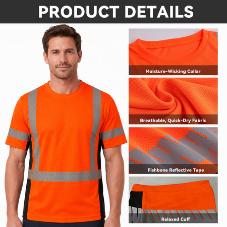 SMASYS Short-sleeve Safety T-Shirt with Silver Slanted Carving Reflective Tape
