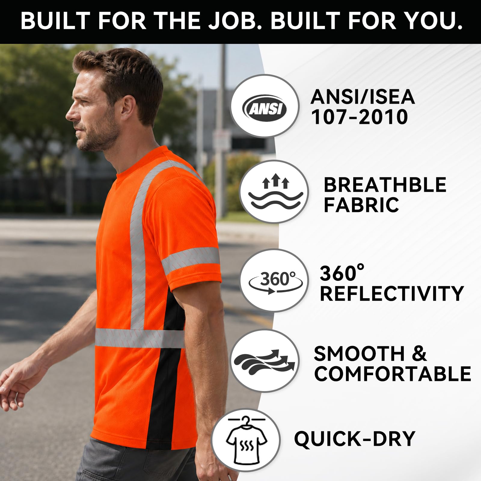 SMASYS Short-sleeve Safety T-Shirt with Silver Slanted Carving Reflective Tape