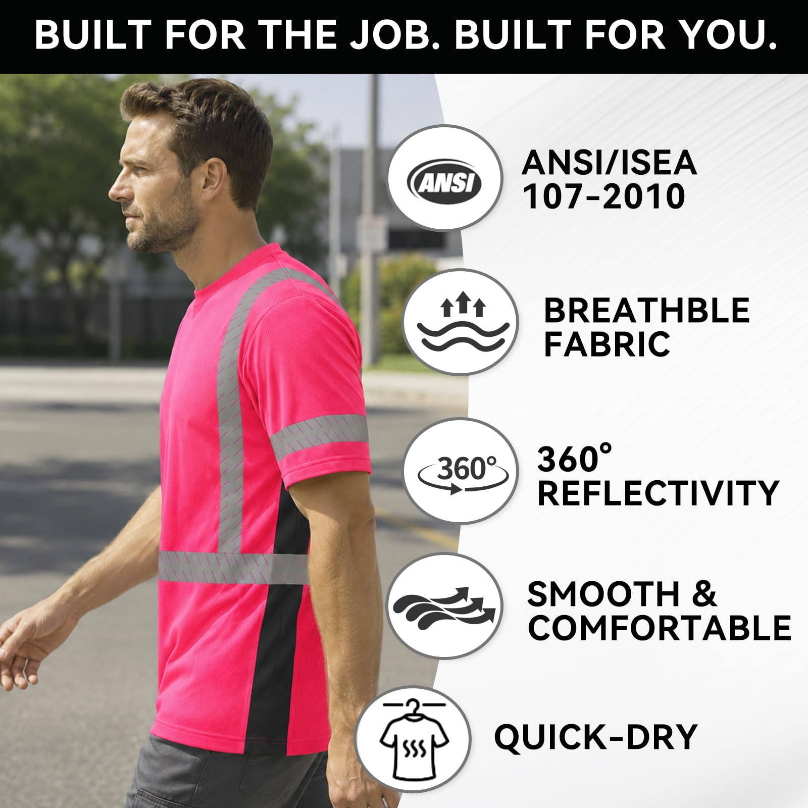 SMASYS Short-sleeve Safety T-Shirt with Silver Slanted Carving Reflective Tape