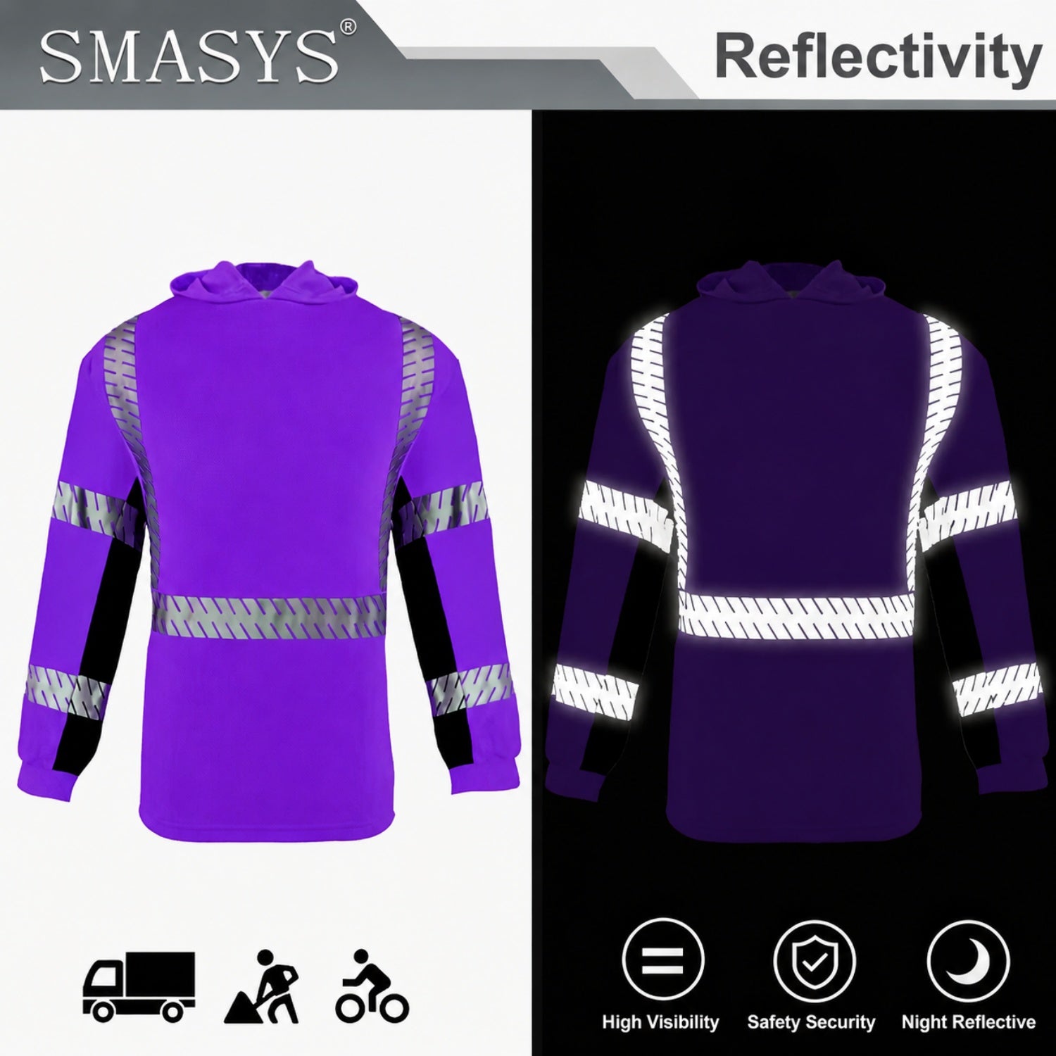 SMASYS Long-sleeve Safety Hoodie with Silver Slanted Carving Reflective Tape SMASYS Store