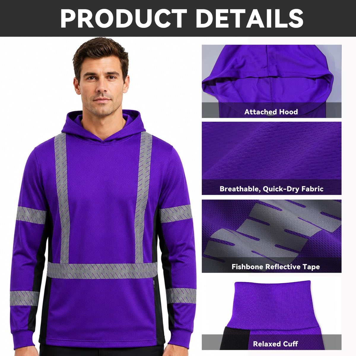 SMASYS Long-sleeve Safety Hoodie with Silver Slanted Carving Reflective Tape SMASYS Store