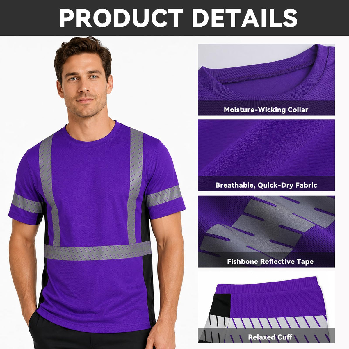 SMASYS Short-sleeve Safety T-Shirt with Silver Slanted Carving Reflective Tape