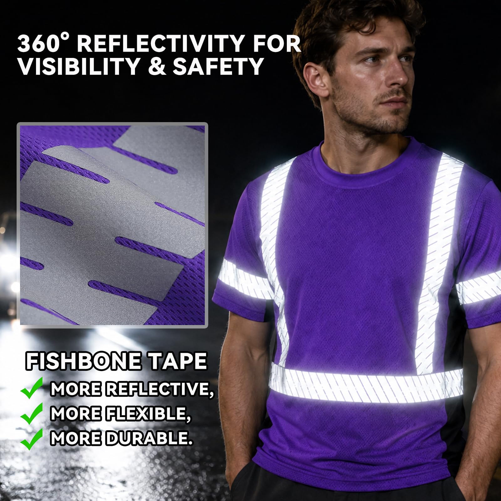 SMASYS Short-sleeve Safety T-Shirt with Silver Slanted Carving Reflective Tape