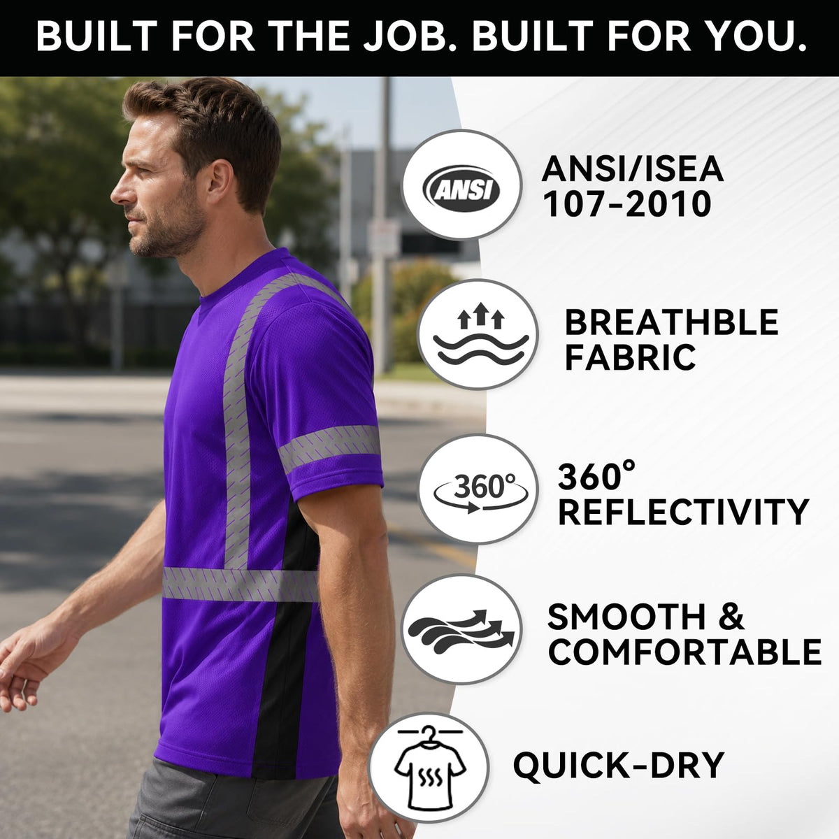 SMASYS Short-sleeve Safety T-Shirt with Silver Slanted Carving Reflective Tape