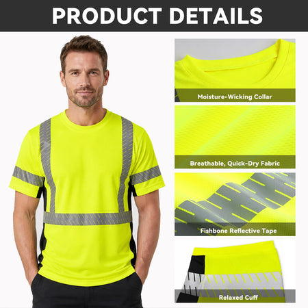 SMASYS Short-sleeve Safety T-Shirt with Silver Slanted Carving Reflective Tape