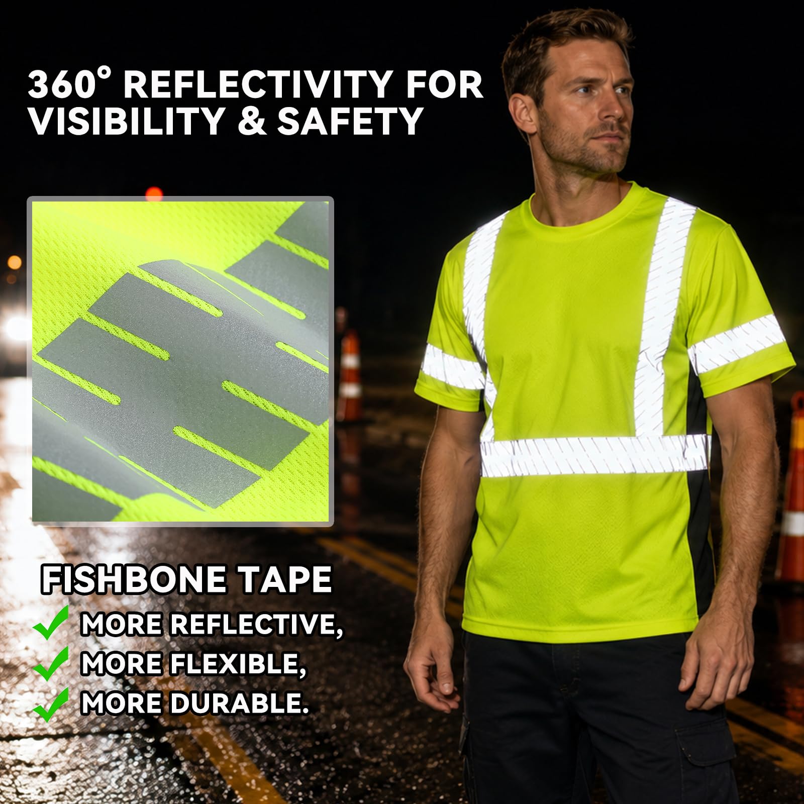 SMASYS Short-sleeve Safety T-Shirt with Silver Slanted Carving Reflective Tape