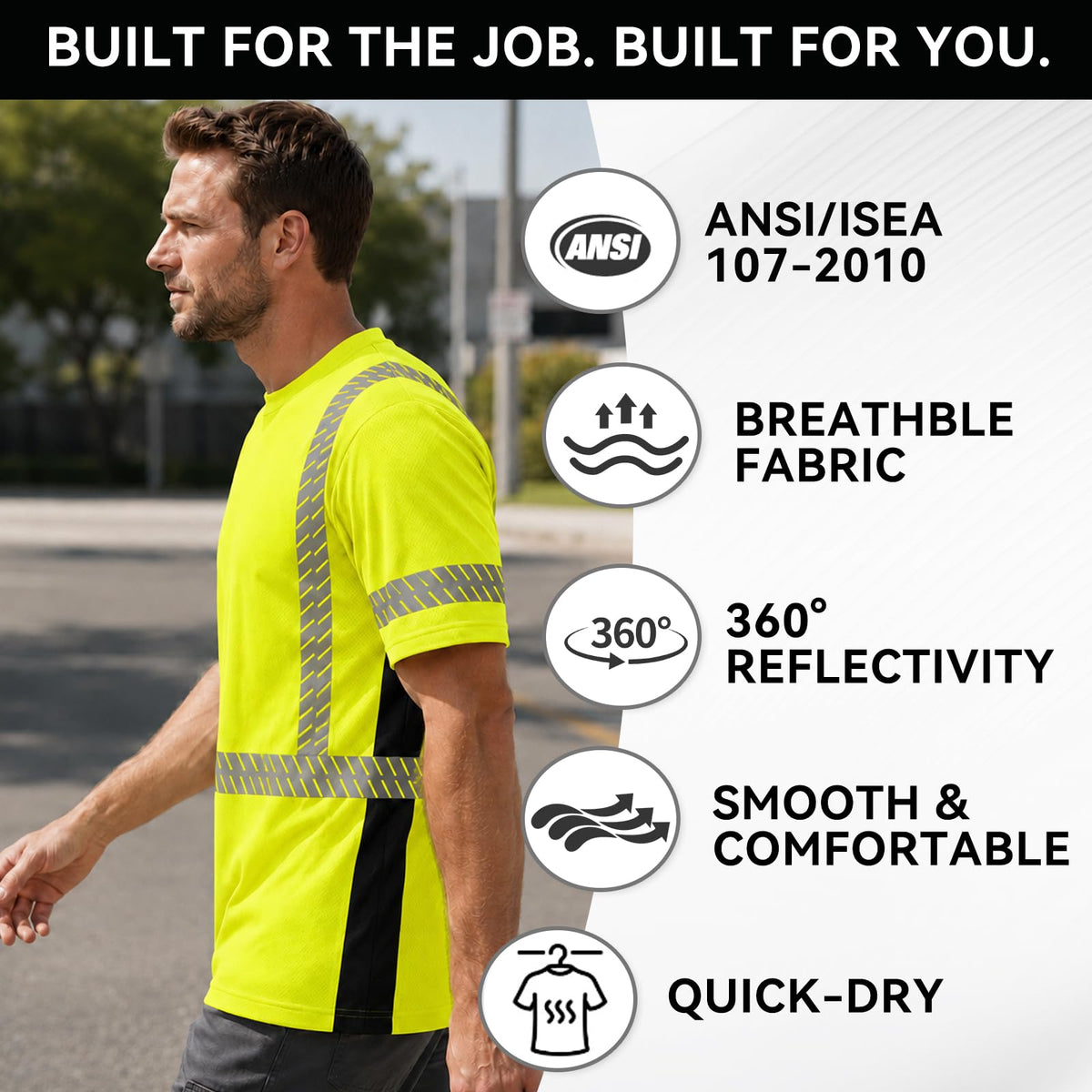 SMASYS Short-sleeve Safety T-Shirt with Silver Slanted Carving Reflective Tape