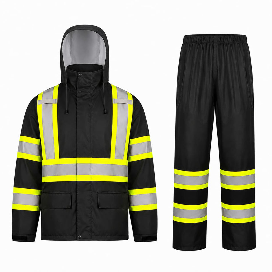 Conjunto de impermeable de seguridad negro para exteriores SMASYS con cinta reflectante de alta visibilidad