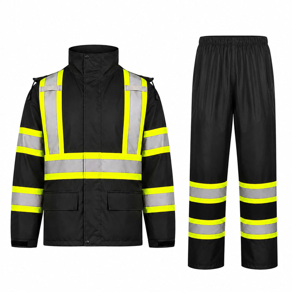 Conjunto de impermeable de seguridad negro para exteriores SMASYS con cinta reflectante de alta visibilidad