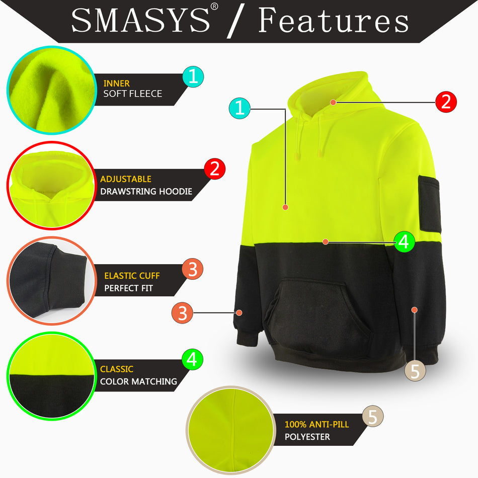 SMASYS Winter Fleece Lining Hi Vis Contrast Color Pullover Mens Hoodies Sweatshirts