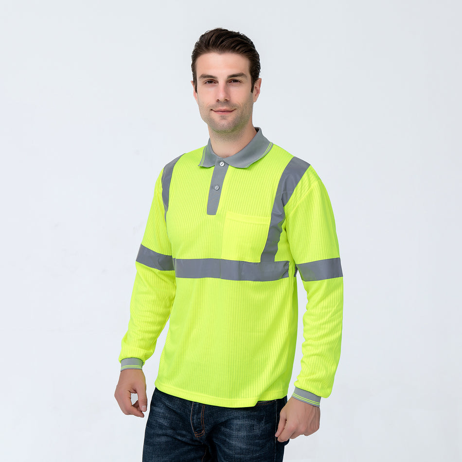 SMASYS Reflective Work Hi Vis Long Sleeve Stripe Fabric Safety Polo Shirt